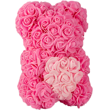 Rosenbär Pink - mit Herz inkl. Geschenkbox & Schleife (Selbstaufbau) 25cm